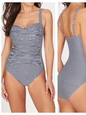 Nip Tuck sz 10 Navy Sorrento Stripe Joanne Twist Front Tummy-Control swimsuit